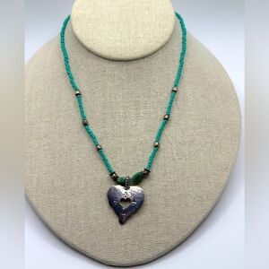 C Stein 15.5”-18” heart cross bead necklace Turquoise and Silver tone